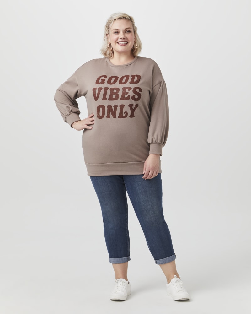 Plus size model with rectangle body shape wearing Stephanie Long-Sleeve Graphic Tee by Gilli | Dia&Co | dia_product_style_image_id:154117